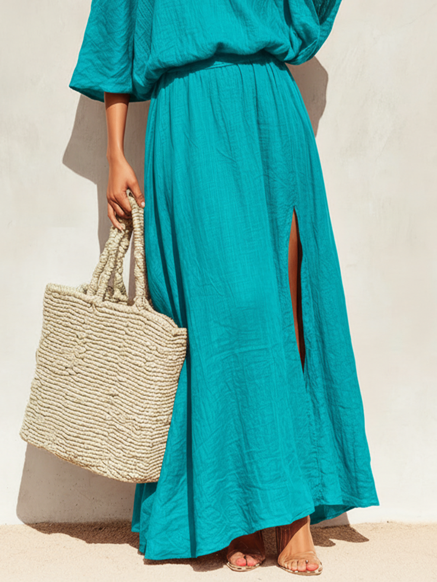 Teal | Cold Shoulder Side Slit Maxi Dress