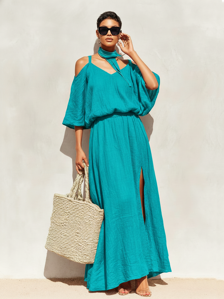 Teal | Cold Shoulder Side Slit Maxi Dress