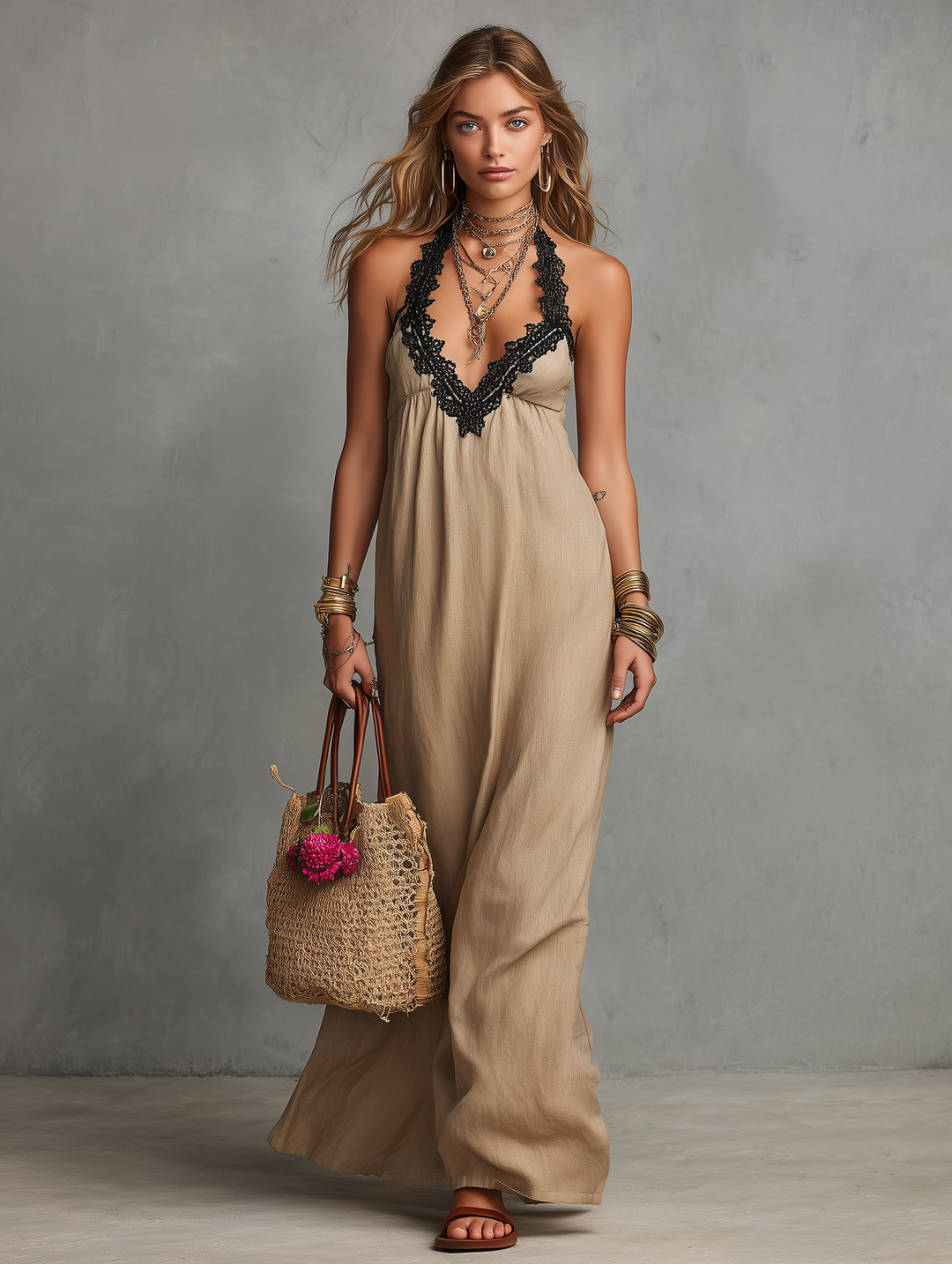 Sage | Lace Halter Neck Maxi Dress