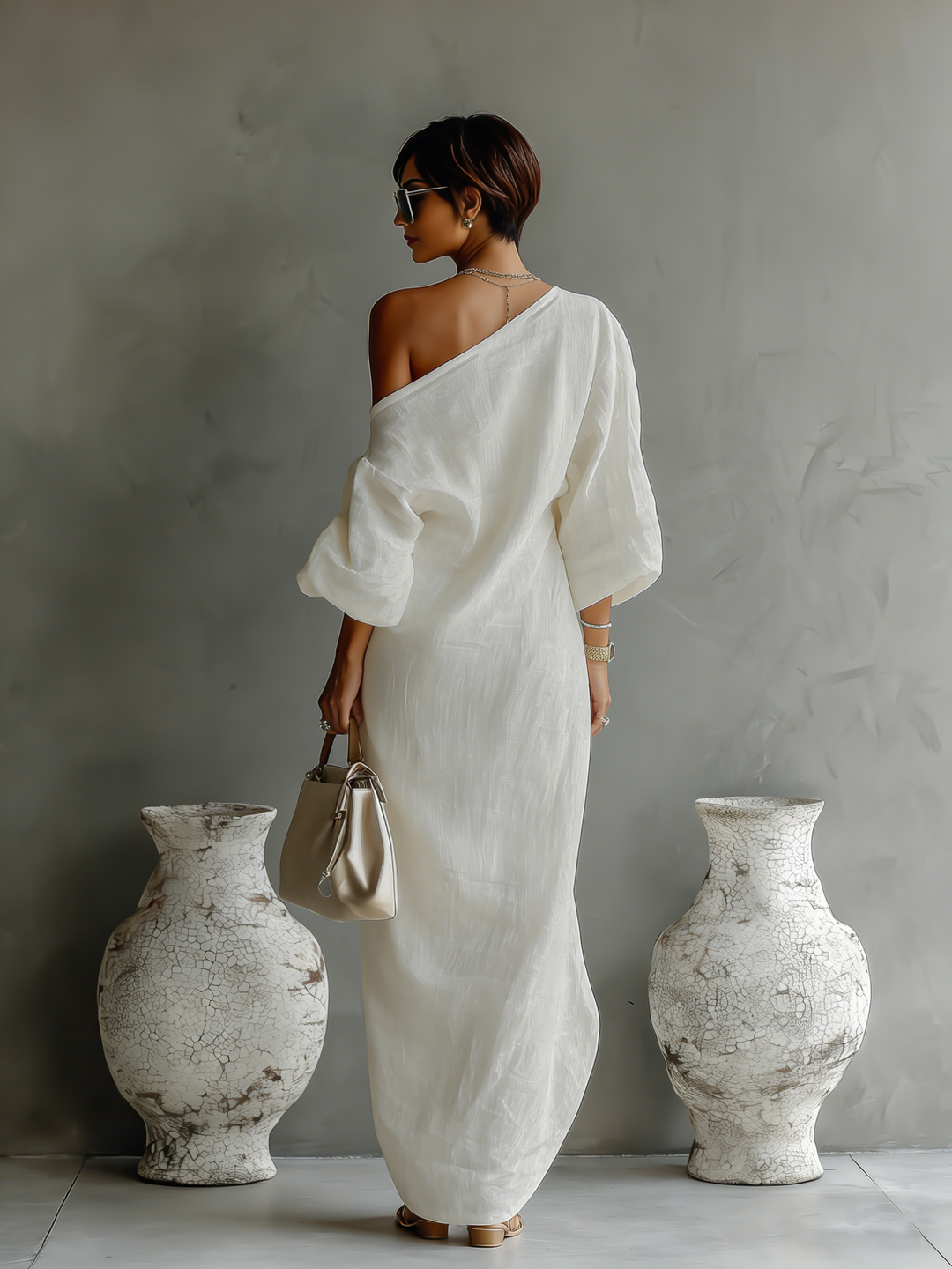 Ivory | One-Shoulder Flowing Elegant Dress