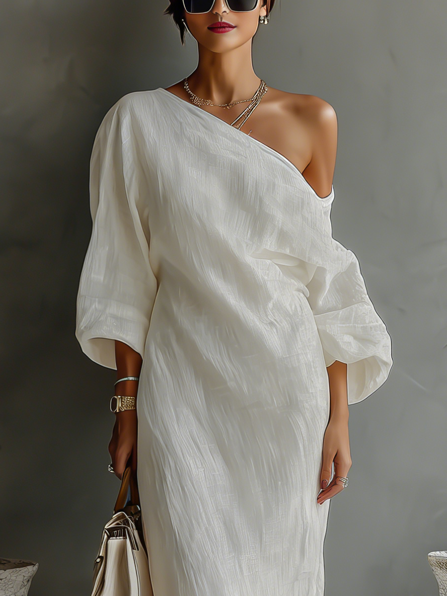 Ivory | One-Shoulder Flowing Elegant Dress