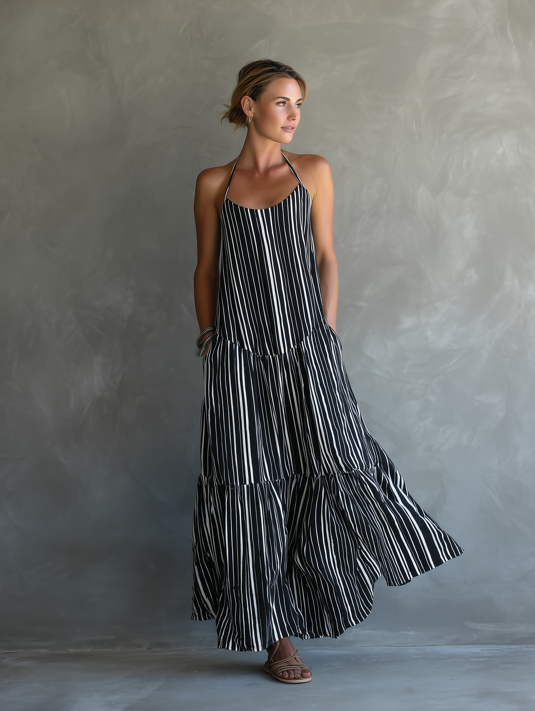 Harlow | Striped Halter Tiered Maxi Dress