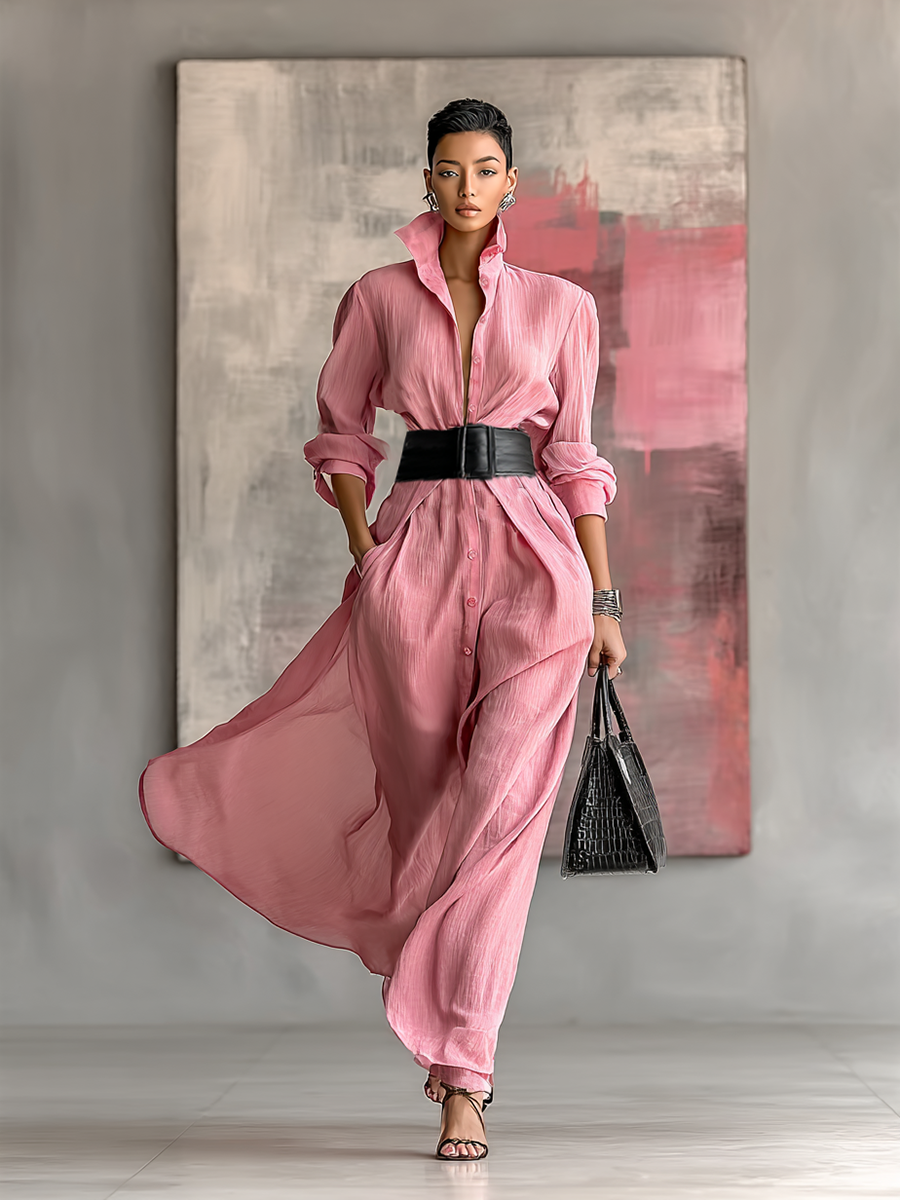 Nell | Belted Lapel Maxi Shirt Dress