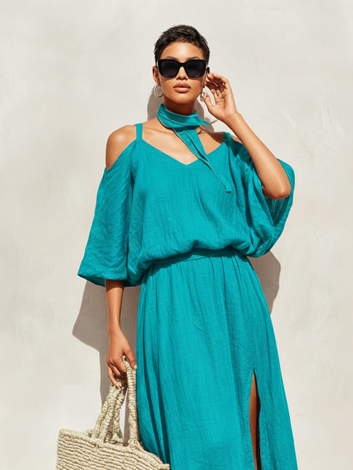 Teal | Cold Shoulder Side Slit Maxi Dress