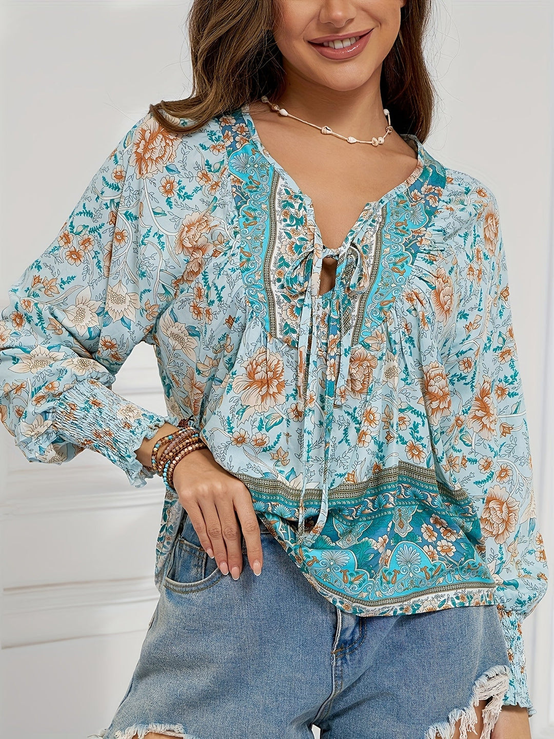 Barbara | Ethnic Floral Tie Blouse