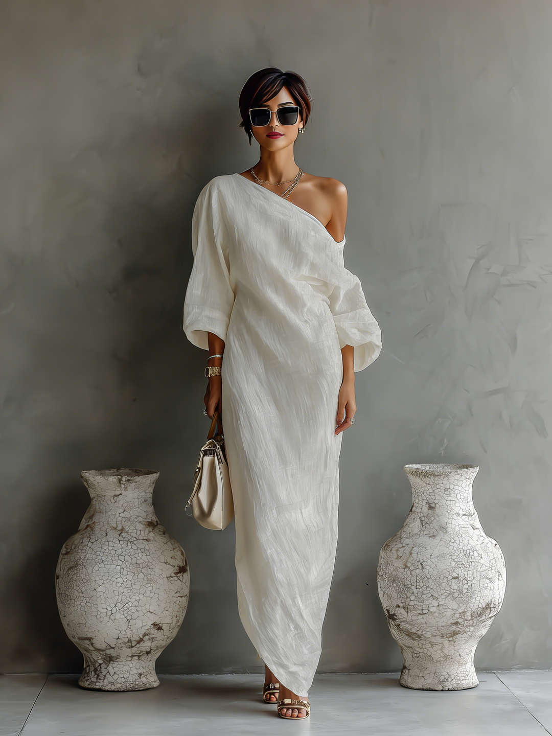 Ivory | One-Shoulder Flowing Elegant Dress