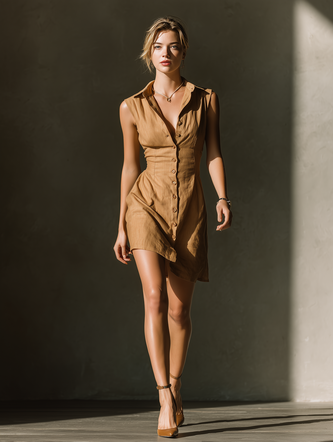 Camel | Button Placket Mini Shirt Dress