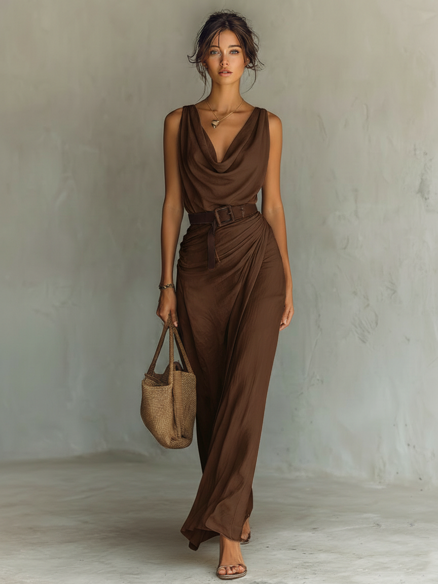 Arlena | Belted Cowl Neck Maxi Dress