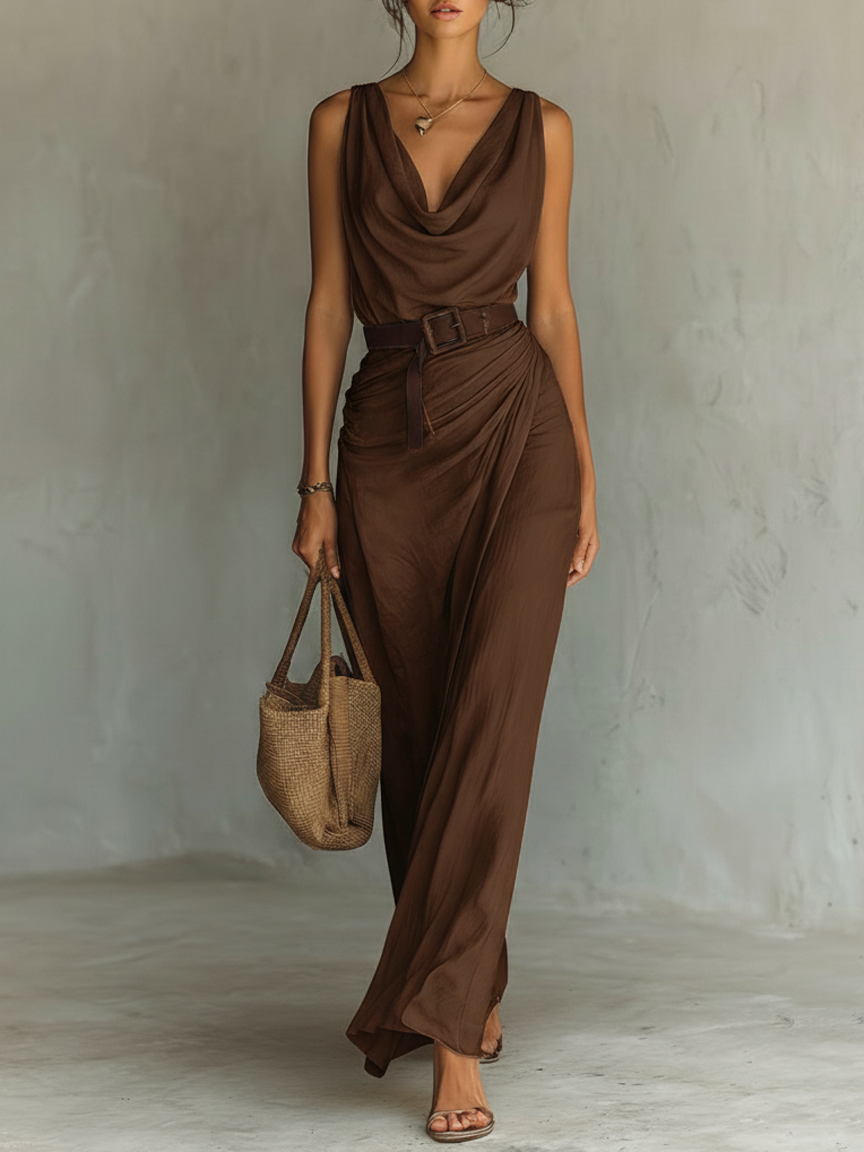 Arlena | Belted Cowl Neck Maxi Dress