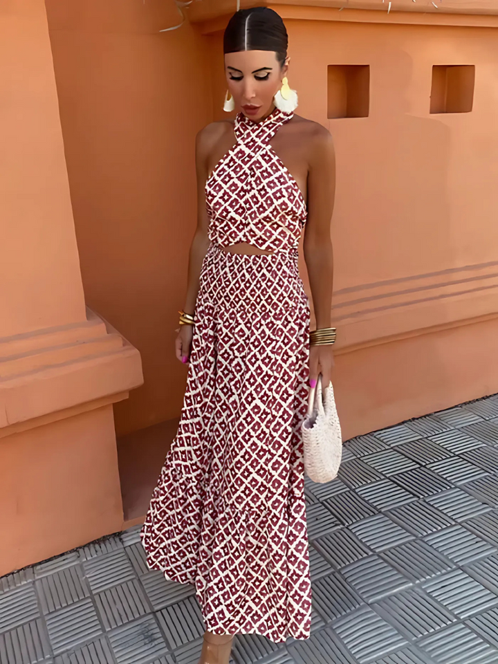 Mickay | Elegant Draped Midi Dress with Exposed Shoulders