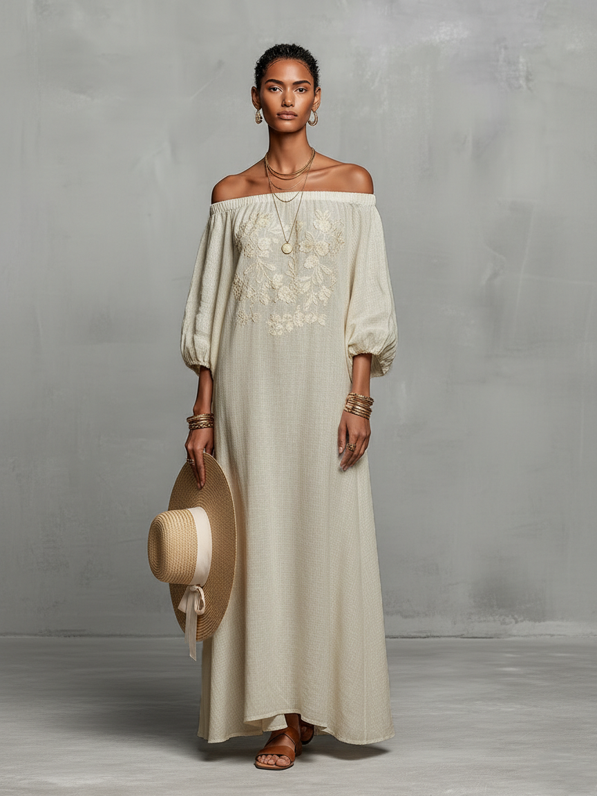 Lorena | Off-Shoulder Embroidered Maxi Dress