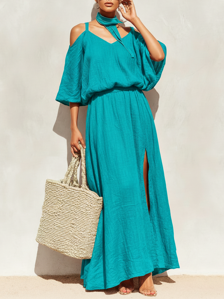 Teal | Cold Shoulder Side Slit Maxi Dress