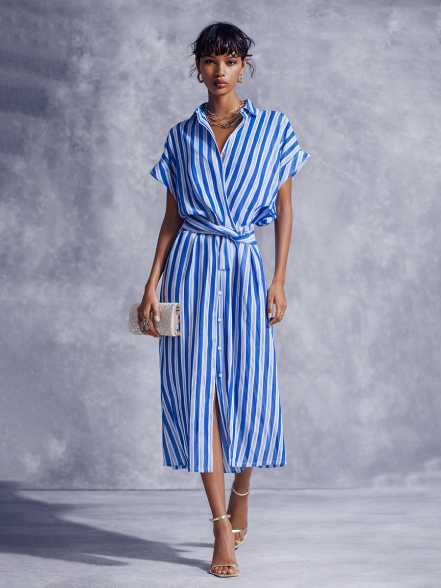 Marina | Striped Wrap Shirt Midi Dress