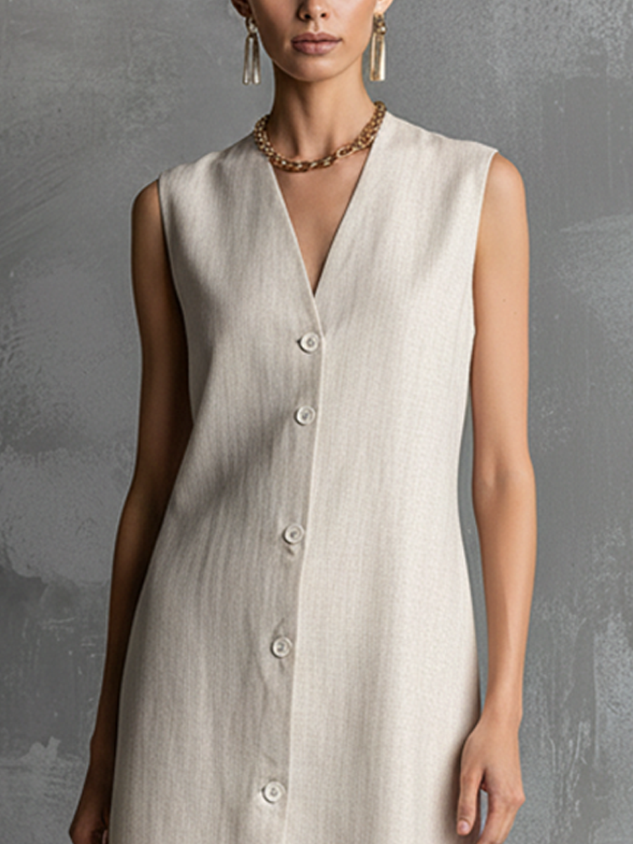 Clara | Button-Front V-Neck Midi Dress