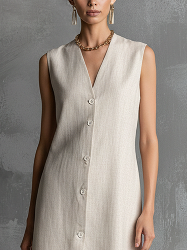 Clara | Button-Front V-Neck Midi Dress