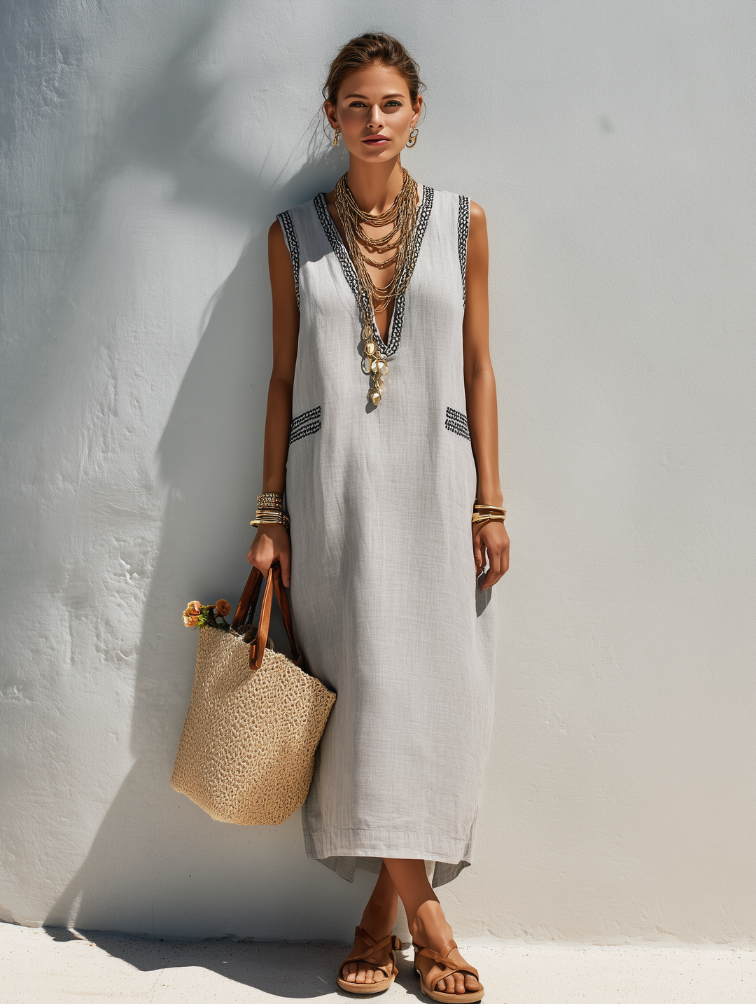Ash | Embroidered V-Neck Straight Maxi Dress