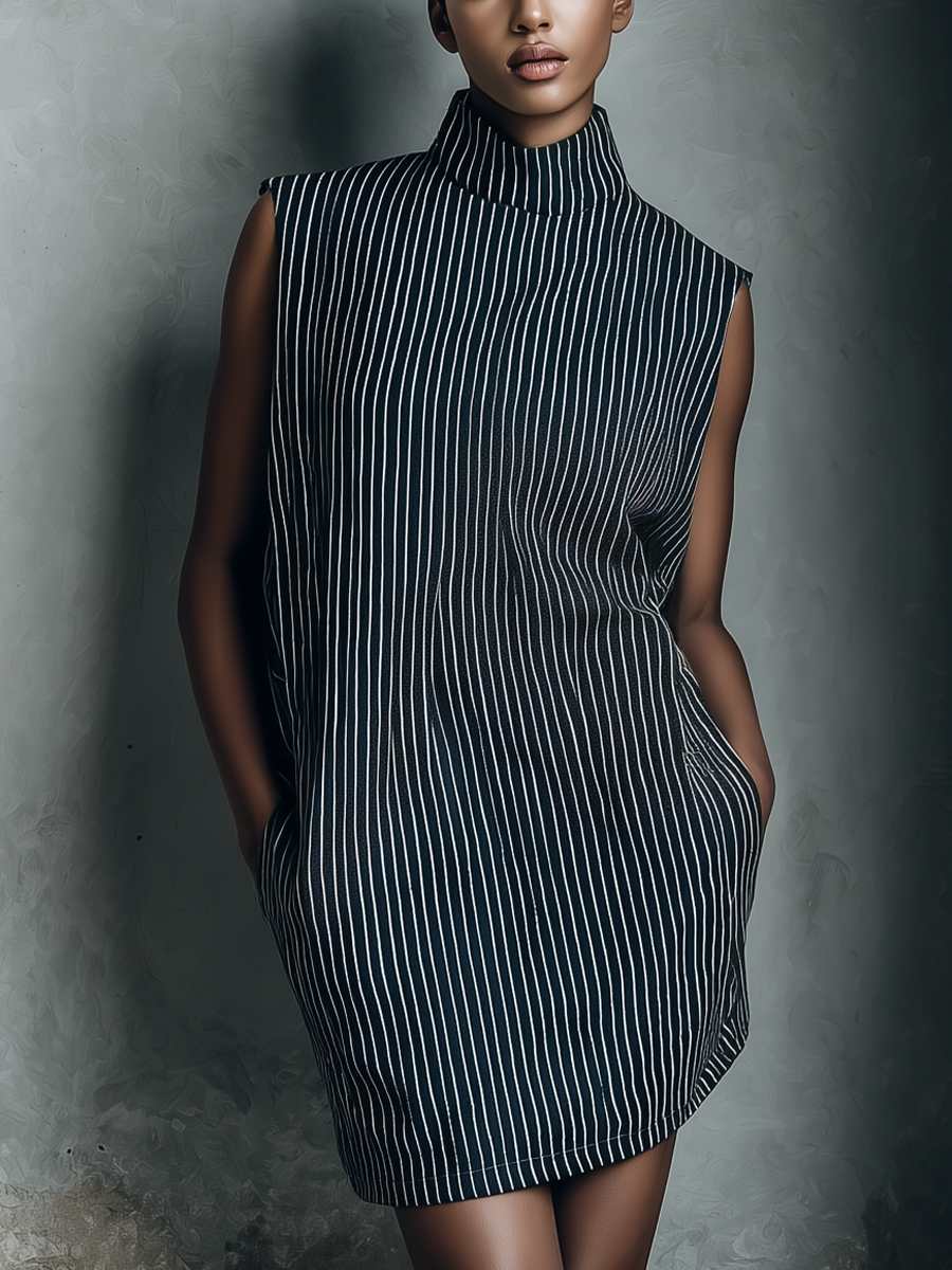 Navy | Striped Mini Dress With Pockets