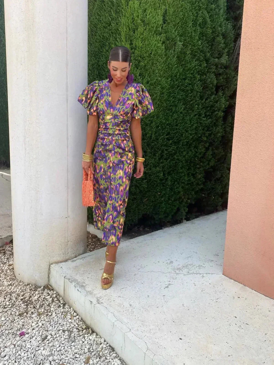 Arielle | Colorful Midi Dress with Pleated Sleeves