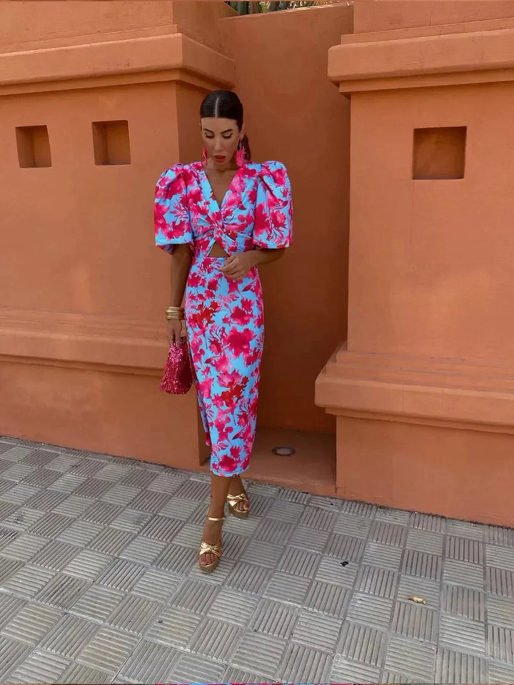 Arielle | Colorful Midi Dress with Pleated Sleeves